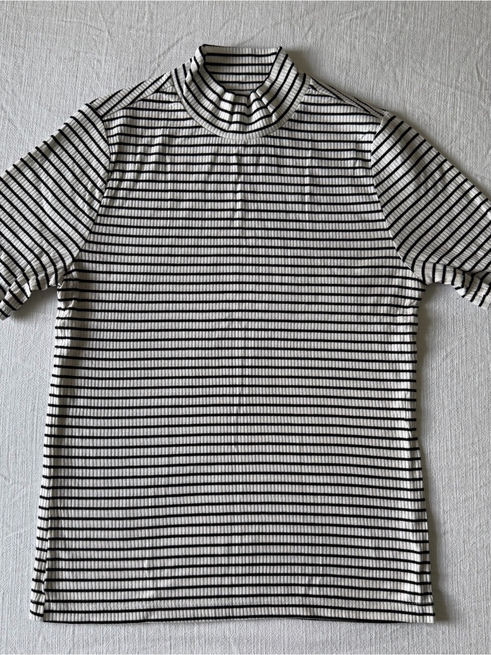 Free Assembly Black & White Striped Ribbed Mock Neck Short Sleeve Top